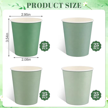 100 Pack Sage Green Paper Cups 9oz Gradient Sage Green Party Cups Disposable Paper Cups, Drinking Cups for Wedding Birthday Baby Shower Party Supplies