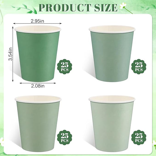 100 Pack Sage Green Paper Cups 9oz Gradient Sage Green Party Cups Disposable Paper Cups, Drinking Cups for Wedding Birthday Baby Shower Party Supplies