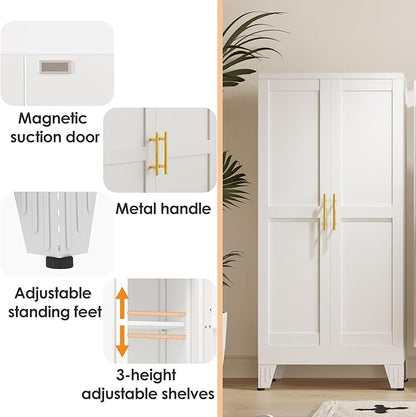 47" Kitchen Pantry Cabinet, Metal Storage Cabinet with 3 Adjustable Layer Shelves, 8 Door Shelves, Buffet Sideboard for Living Room, Kitchen, White