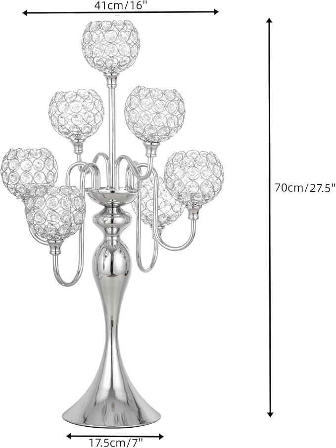 LANLONG Silver Candle Holders for Table Centerpiece 7 Arms Tall Crystal Candelabra Home Wedding Decor Christmas Decorations Centerpieces for Dinner Party Events