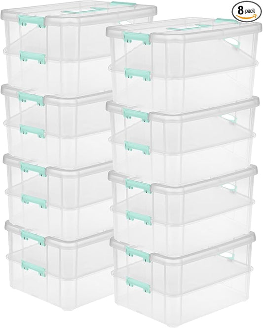 Sterilite 8-Pack Stack & Carry, 2 Layer Handle Box for Home & Office Storage - Clear Base & Lid with Color Latches, Organizer for Art & Craft Supplies, Sewing Tools or 8.5" x 11" Paper