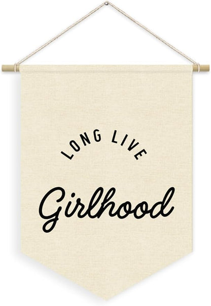 Girls Room Decor, Long Live Girlhood Linen Canvas Banner, Minimalist Girl Nursery Wall Hanging Pennant Flag Banner for Girl Toddler Kids Room Bedroom Dorm Decor, 15x11in