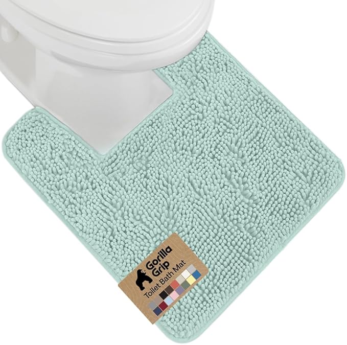 GORILLA GRIP Plush Absorbent Shaggy Chenille Bath Rug Mat for Square Toilet Base with Rubber Backing, Machine Washable Rugs, Soft Microfiber Contour Mats for Toilets, Bathroom Decor, Seablue