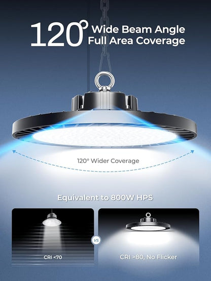 300W UFO Led High Bay Light| 5000K 45000LM High Bay Led Shop Lights with 5ft Cable Hanging Hook Safe Rope| Shop Light & Garage Lighting Lights for Factory Workshop Warehouse Garage Barn