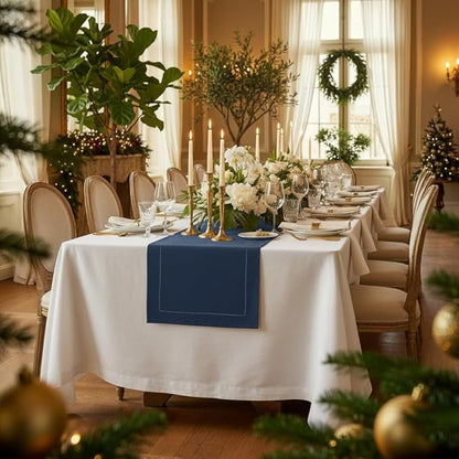 D'Moksha Homes Linen Navy Blue Table Runner 48 Inches - Classic Hemstitch, 100% Pure Linen Coffee Table Runner 14 x 48 Inch Ideal for Dresser Tables - Winter, Christmas, Holiday