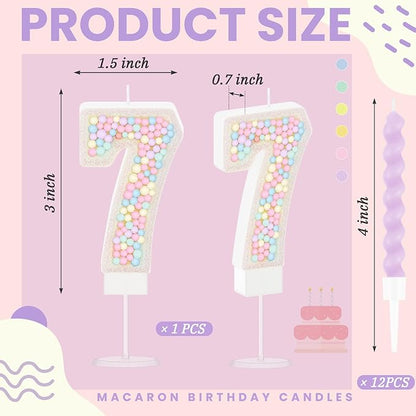 MTLEE Number 7 Birthday Candle with 12 Pcs Spiral Candles for Girls Macaron Pastel Rainbow Unicorn Pink Cake Topper for Sweet Theme Party Decoration