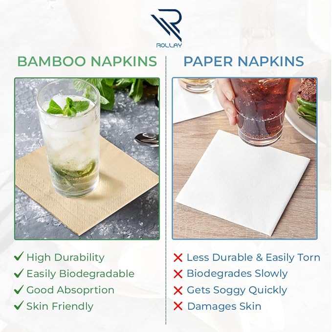 300 Bamboo Cocktail Napkins - FSC Certified 2-Ply Compostable Napkins Disposable for Home or Commercial Use - 5x5 inch folded Biodegradable Paper Napkins for Dinner and Party