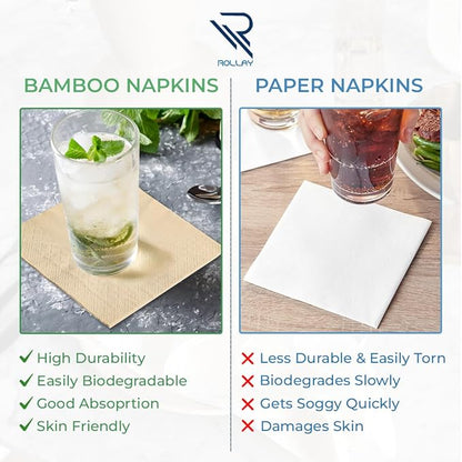 300 Bamboo Cocktail Napkins - FSC Certified 2-Ply Compostable Napkins Disposable for Home or Commercial Use - 5x5 inch folded Biodegradable Paper Napkins for Dinner and Party