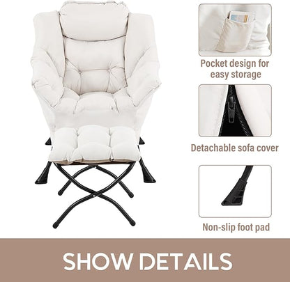LITA Lazy Chair with Ottoman, Modern Accent Leisure Upholstered Sofa, Contemporary Lounge Reading Chair with Armrests and a Side Pocket for Living Room, Bedroom & Small Space, Beige