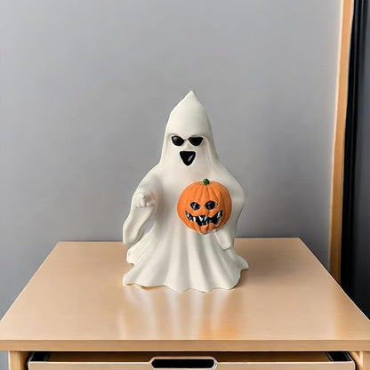 Halloween Ghost Figurine - Spooky Resin Ghost Statue, Cute Finger Ghost Ornaments, Perfect for Indoor & Porch Halloween Decor (Ghost with Pumpkin)
