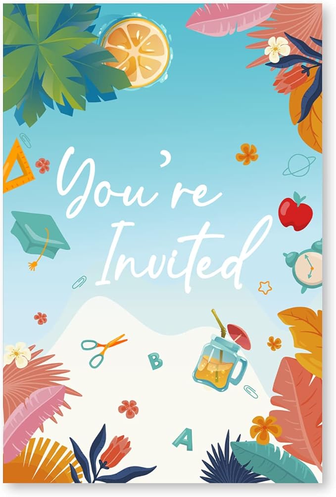 Soiceu Goodbye School Hello Pool End of School Party Invitations with Envelopes Set of 20 Kids End of Backyard Summer Party Invites Fill in Blank