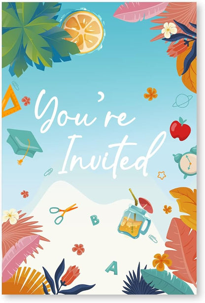 Soiceu Goodbye School Hello Pool End of School Party Invitations with Envelopes Set of 20 Kids End of Backyard Summer Party Invites Fill in Blank