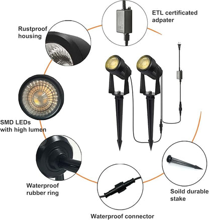 SUNTHIN Outdoor Landscape Lighting, 6 Pack Outdoor Spot Lights with Transformer for Yard, Plant, Lawn, Tree, Flags, House, Garden, Fence Use, IP65 Waterproof & Connectable
