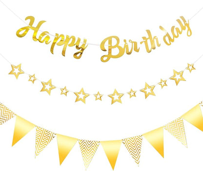CANREVEL 3 PCS Gold Happy Birthday Banners, Hanging Stars Garland and Pennant Banner Flags, Gold Party Decorations, Golden Birthday Party Supplies for Women Men Girls Boys Adults