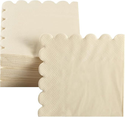 200 Pack Cocktail Napkin 2-Ply Scalloped Edged Dessert Napkins Folded 5 x 5 Inches Disposable Napkins for Dinner Wedding Birthday Party Bridal Anniversary Reception Event (Milky-White)