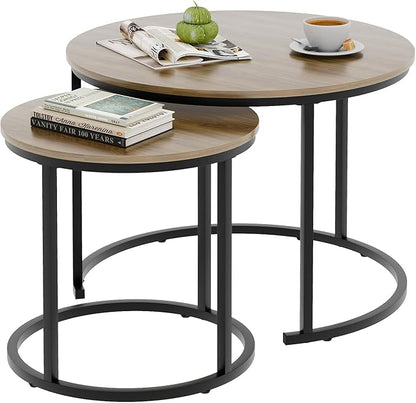 aboxoo Coffee Table Nesting Side Round Table Set of 2 End Table with Sturdy Metal Frame for Living Room Bedroom Apartment Modern Industrial Simple Nightstand,Oak