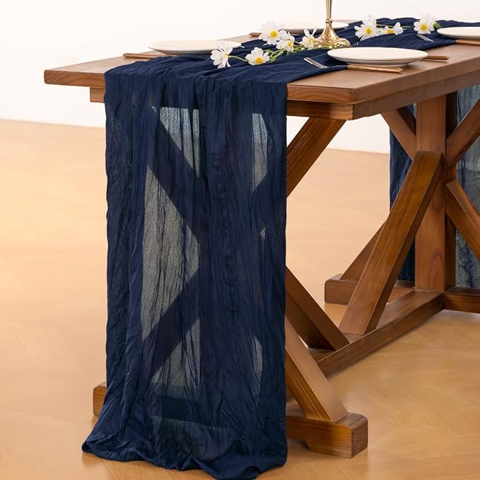 Socomi 3pcs Navy Blue Fall Thanksgiving Cheesecloth Table Runner Boho Rustic Gauze 120 inch 10FT Cheese Cloth Runner for Wedding Party Baby Shower Birthday Home Decor Holiday Decorations