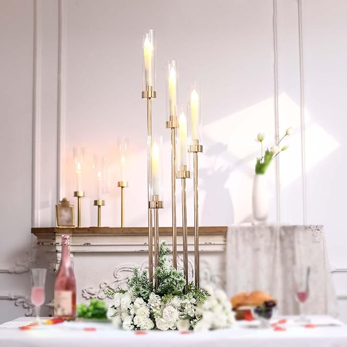 42.5in Gold Candelabra centerpieces for Tables Candelabra Candlestick Holders Decor Wedding Centerpiece Table Decorations 5 arm Candle Holder Set of 4 Acrylic lampshade Fit 0.9" LED Candle
