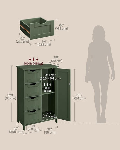 VASAGLE Storage Cabinet with Drawers, Freestanding Floor Cabinet with Door, 11.8 x 21.7 x 32.3 Inches, Adjustable Shelf, for Bathroom, Living Room, Kitchen, Forest Green ULHC041CH01S
