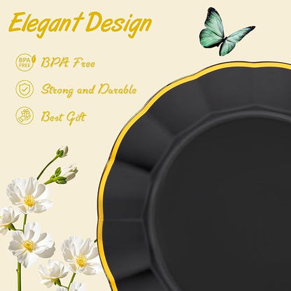 EI 150pcs Black Plastic Plates,Black and Gold Fancy Plate,Gold Plastic Silverware,Black and Gold Dinnerware Set,Premiun Heavy Duty Taleware,Perfect for Party,Wedding,Christmas,New Year