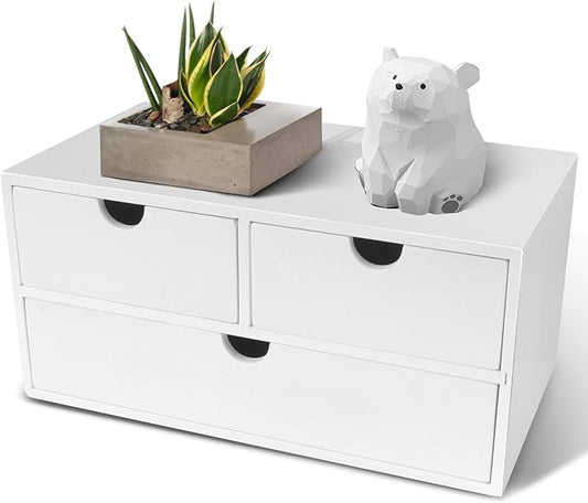 Bamboo Desk Organizer with 3 Drawers, Countertop Organizer with Drawers Makeup Storage Drawer 3 Drawer Tabletop Storage Organization Box Home Office Workspace（White）