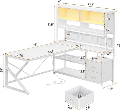 SEDETA L Shaped Gaming Desk, Home Office Computer Desk with 2 Drawer and Bookshelf, L Shaped Gaming Corner Desk with LED Light, Glass Cabinet,Storage Bag and Storage Shelves, White