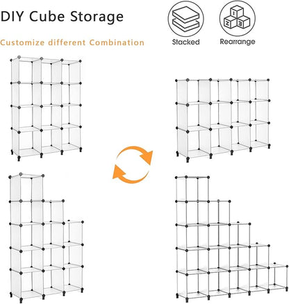 AWTATOS Cube Storage Organizer Storage 12 Cube Bookshelf DIY Plastic Closet Storage Shelves with Wooden Mallet, Ideal Storage Solution for Home, Bedroom, Translucent White