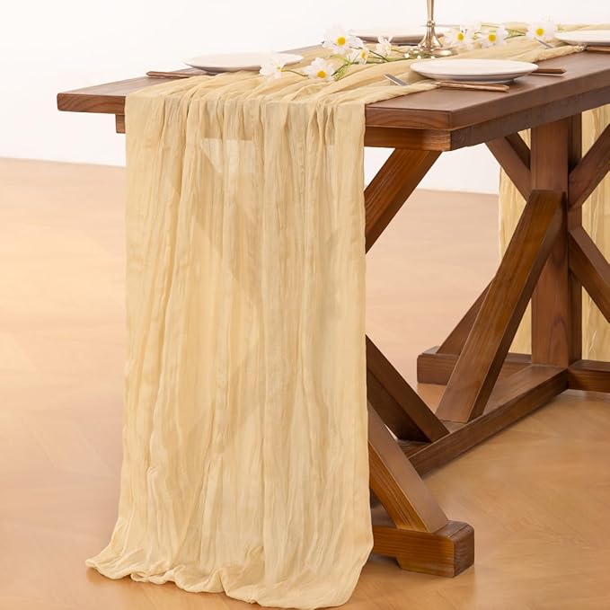 Socomi 6pcs Gold Champagne Cheesecloth Table Runner Fall Thanksgiving Boho Rustic Gauze 120 inch 10FT Cheese Cloth Runner for Wedding Party Baby Shower Birthday Home Decor Holiday Decorations