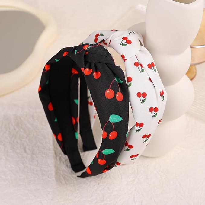 Cherry Print Knotted Headband 2PCS, Black and White Knotted Headbands for Women Non Slip Top Knot Hair Band Cross Knot Headband