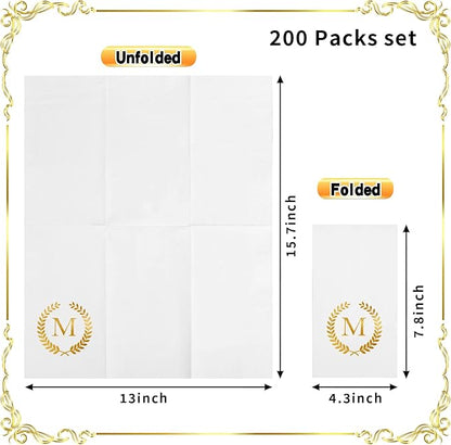 200 Pack Monogrammed Disposable Napkins Gold Foil Letter M Guest Napkins Initial Disposable Hand Paper Towels for Wedding Engagement Baby Shower Party Home Kitchen Bathroom Dinner Decorative Towels