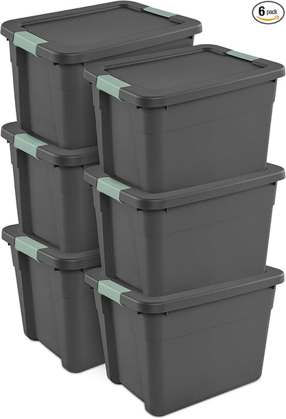 Sterilite 6-Pack Latch Tote, Stackable Plastic Storage Container Bins with Lids, 12 Gallon, Gray/Green - Latching Boxes for Bedroom, Bathroom, Garage, and Office Organization