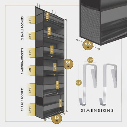 HOMELUX THEORY UPGRADED 6 Tiers Over The Door Organizer Hanging - 100D EXTRA THICK & 50lbs HUGE CAPACITY, 12 Side Mesh Pockets Over The Door Shoe Organizer, Hanging Closet Organizer (Dark Gray, 2pc)