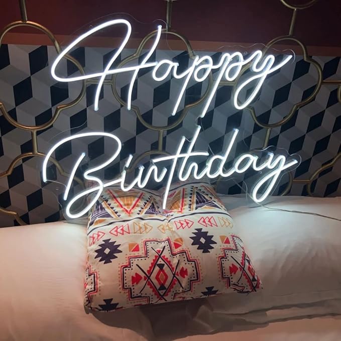 Happy Birthday Neon Sign - Large Happy Birthday Light Up Sign for Wall Decor with USB Powered, Adjustable Brightness Reusable LED Light Sign for All Birthday Party Decoration(16.5 x11inches,White)
