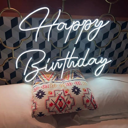 Happy Birthday Neon Sign - Large Happy Birthday Light Up Sign for Wall Decor with USB Powered, Adjustable Brightness Reusable LED Light Sign for All Birthday Party Decoration(16.5 x11inches,White)