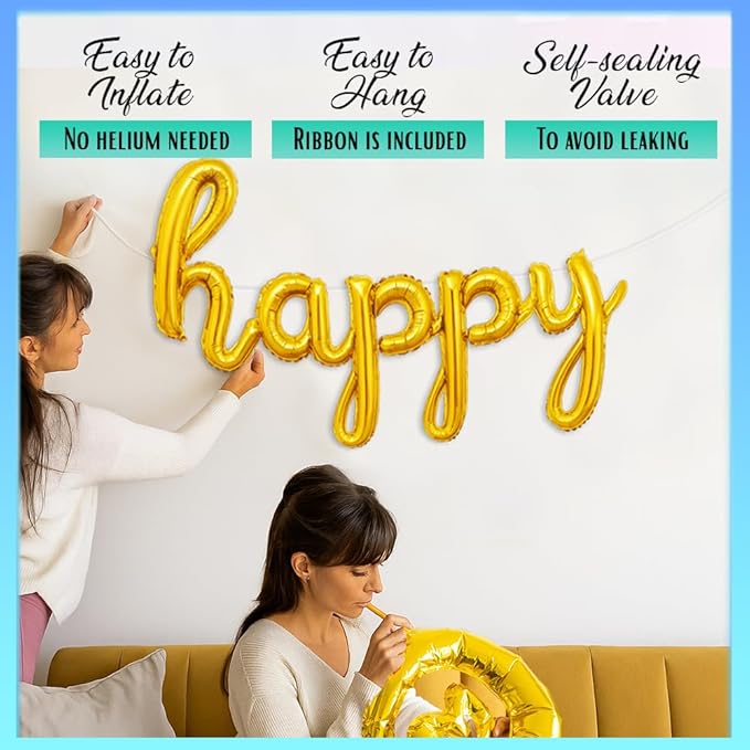 Gold Happy Birthday Balloons Banner | Script/Cursive Gold Letter Balloon Sign for Birthday Party Decor/Decoration | Foil Mylar Happy Birthday Banner