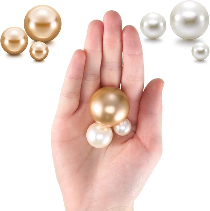 Hicarer 120 Pieces Pearl for Vase Filler Pearl Bead Vase Centerpieces Brush Holder Assorted Round Faux Bead for Crafting, Home Wedding Table Decor 14/20/30 mm(Creamy White, Gold)