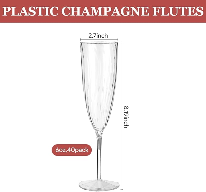 40 PCS Clear Disposable Plastic Champagne Flutes,6 Oz Plastic Champagne Glasses, DisposableFlutes for Party, Disposable Wine Glasses Cocktail Cups for Home Daily Life Party Birthday Wedding Toasting