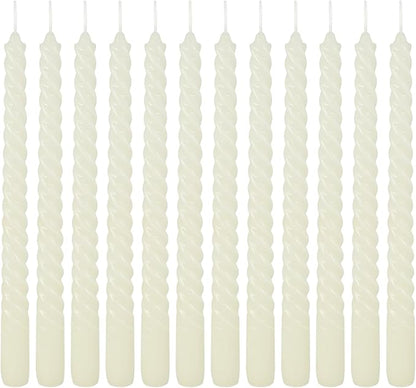 12 Pack 10 inch Ivory Spiral Taper Candles - Dripless, Smokeless, Unscented - 7 Hour Long Burning - Hand Poured Tall Candlesticks - Perfect for Dinner,Party,Wedding and Home Decoration.