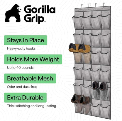GORILLA GRIP Over the Door Shoe Organizer, 24 Extra Large Breathable Mesh Pockets, Space Saving Hanging Storage Holder, 4 Hook Closet Rack Hanger, Hangs on Closets for Shoes and Accessories, Grey