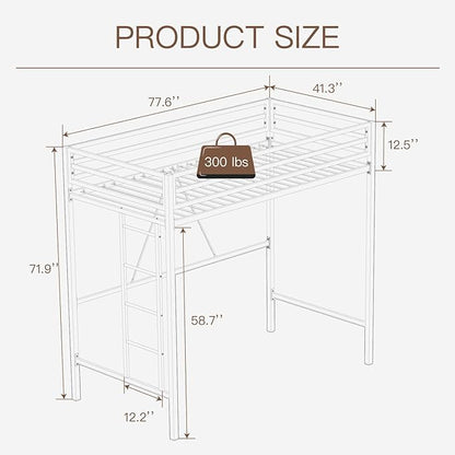 ikalido Metal Loft Bed Twin Size with Safety Guardrail and Ladder, No Box Spring Needed Space Saving Bedroom Furniture,Cream White