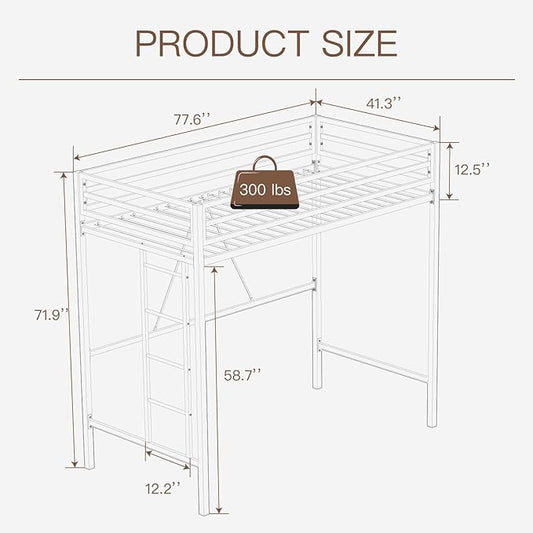 ikalido Metal Loft Bed Twin Size with Safety Guardrail and Ladder, No Box Spring Needed Space Saving Bedroom Furniture,Cream White