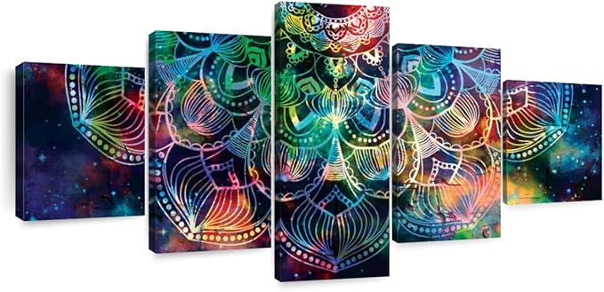 ElephantStock - Celestial Mandala Wall Art - Horizontal Multi Panel Canvas - 5 Piece Living Room Wall Decor - Digital Art Elements Multi Piece Wall Art - Turquoise And Blue Decor - 68" x 30"