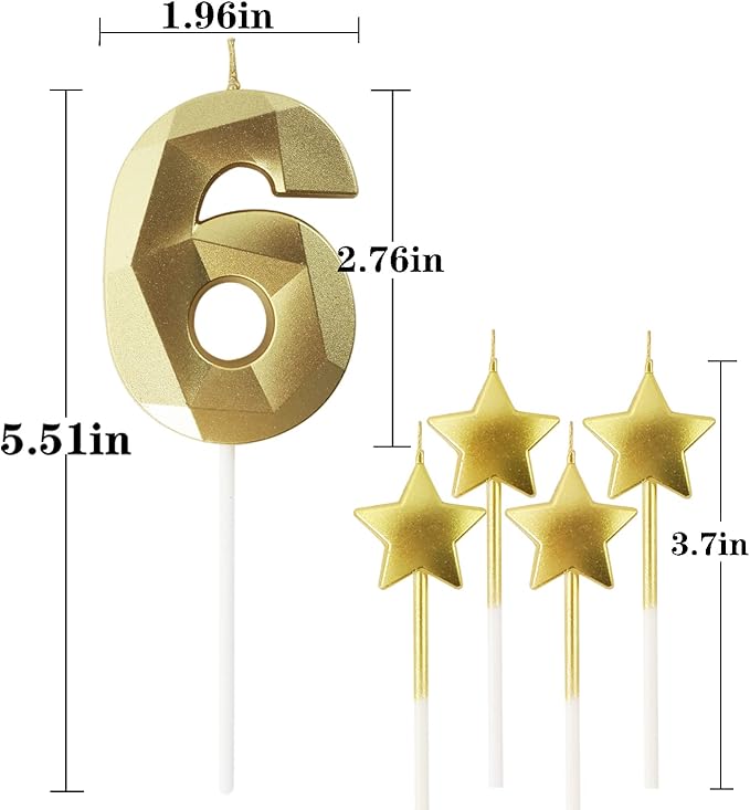 Golden Number 6 Birthday Candles and Star Birthday Candles 2.76 inch Birthday Cake Candles 3D Diamond Shaped Candles are Suitable for Birthday Parties and Anniversary Cake Decorations Candles(Gold 6)