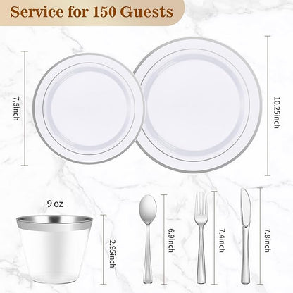 BESTVIP 900PCS Silver Dinnerware Set for 150 Guests, Plastic Plates for Party, 150 Silver Disposable Plates, 150 Dessert Plates, 150 Cups, 150 Spoons, 150 Forks and 150 Knives