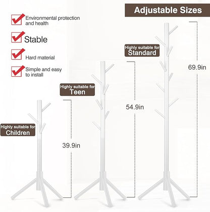 2 PCS Coat Rack, Freestanding Coat Rack with 8 Hooks and 3 Adjustable Size Tree Coat Racks for Bedroom, Hallway, Entrance, Office, for Hats, Coats, Scarves, Handbags