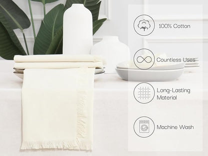 PurpleEssences Cloth Napkins with Fringes, 100% Cotton Christmas Holiday Winter Table Decor, Set of 6 18x18 Inch Reusable Dinner Napkins for Parties and Weddings - Beige