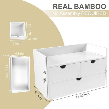 Bamboo Desk Organizer 3 Drawer with Shelf, Countertop Organizer with Drawers Makeup Storage Drawer 3 Drawers Tabletop Storage Organization Box Home Office Workspace（White）