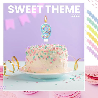MTLEE Number 9 Birthday Candle Macaron Glitter 3D Number Candle with 12 Pcs Rainbow Spiral Candles in Holders for Girl Boy Cake Topper Wedding Anniversary Pastel Sweet Theme Party Decoration
