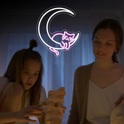 Moon Cat Neon Sign, JGHTURIE Pink Neon Signs for Wall Decor Cute Animal Light Up Sign Game Room Bar Party Led Signs for Man Cave Kids Decor USB Powered