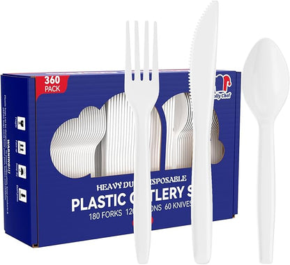 JOLLY CHEF 360 Count White Plastic Silverware Heavy Duty, 180 Forks, 120 Spoons, 60 Knives, Heat ResistantPlastic Utensils Set, Disposable Cutlery set, Premium Clear Utencils for Party, Christmas